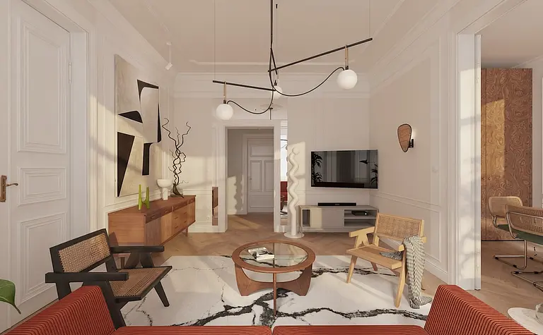 Wnętrze eklektycznego salonu z białymi meblami i drewnianymi akcentami.