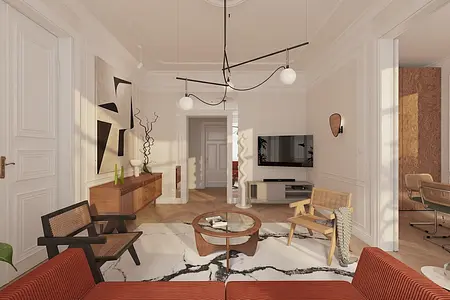 Wnętrze eklektycznego salonu z białymi meblami i drewnianymi akcentami.