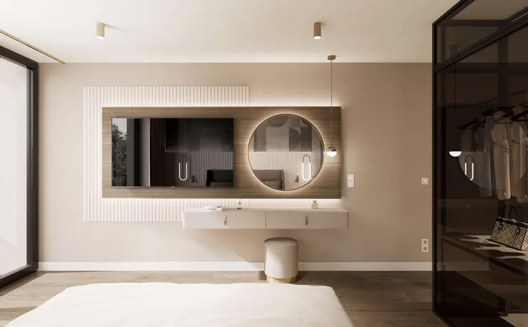 Wnętrze sypialni z minimalistycznym biurkiem i lustrem, nowoczesny design.