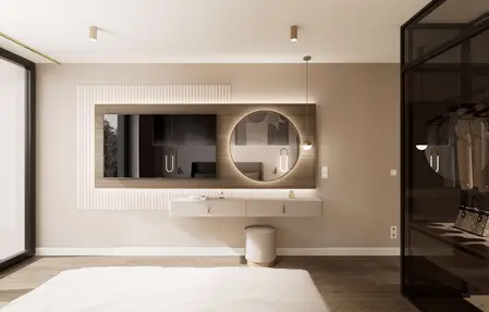 Wnętrze sypialni z minimalistycznym biurkiem i lustrem, nowoczesny design.