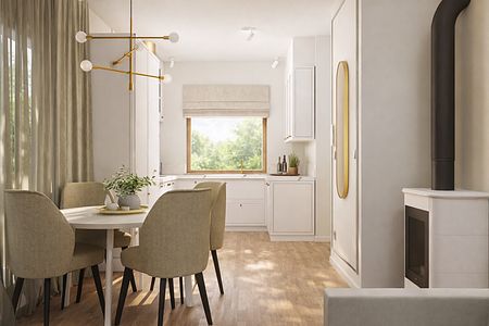 Wnętrze kuchni w stylu minimalistycznym z drewnianym stołem i białymi meblami.