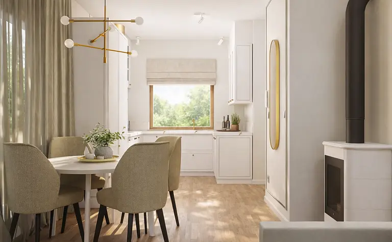 Wnętrze kuchni w stylu minimalistycznym z drewnianym stołem i białymi meblami.