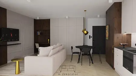 Nowoczesne wnętrze salonu z minimalistycznym wystrojem, jasnymi meblami i drewnianymi detalami.