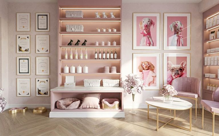 Wnętrze salonu glamour z różowymi meblami i dekoracjami.