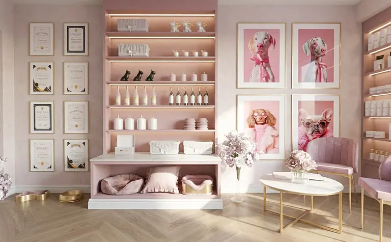 Wnętrze salonu glamour z różowymi meblami i dekoracjami.