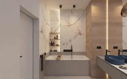 Wnętrze łazienki minimalistycznej z wanną, dwiema umywalkami i drewnianymi akcentami.