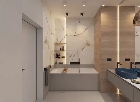 Wnętrze łazienki minimalistycznej z wanną, dwiema umywalkami i drewnianymi akcentami.