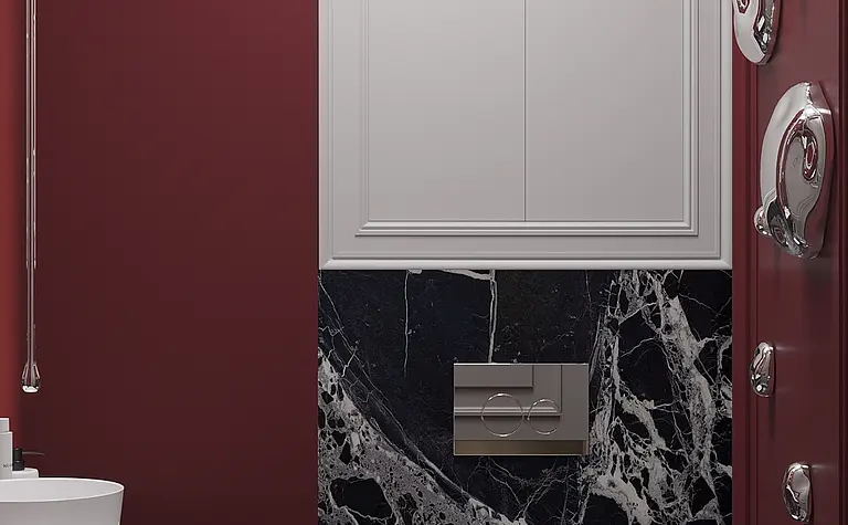 Wnętrze łazienki z ciemnymi płytkami, białą umywalką w stylu art deco, minimalistycznym i nowoczesnym.