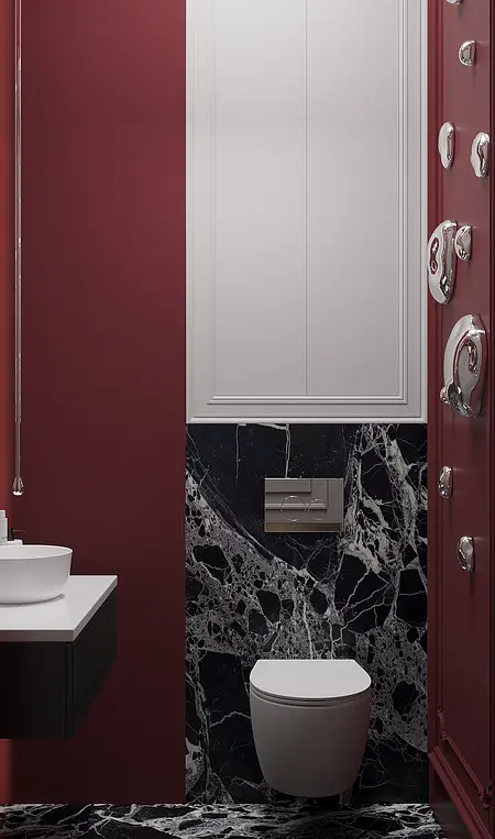 Wnętrze łazienki z ciemnymi płytkami, białą umywalką w stylu art deco, minimalistycznym i nowoczesnym.