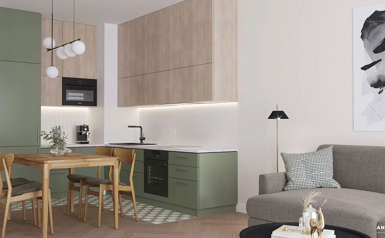 Nowoczesna kuchnia w stylu minimalistycznym z zielonymi meblami i drewnianym stołem.