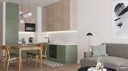Nowoczesna kuchnia w stylu minimalistycznym z zielonymi meblami i drewnianym stołem.