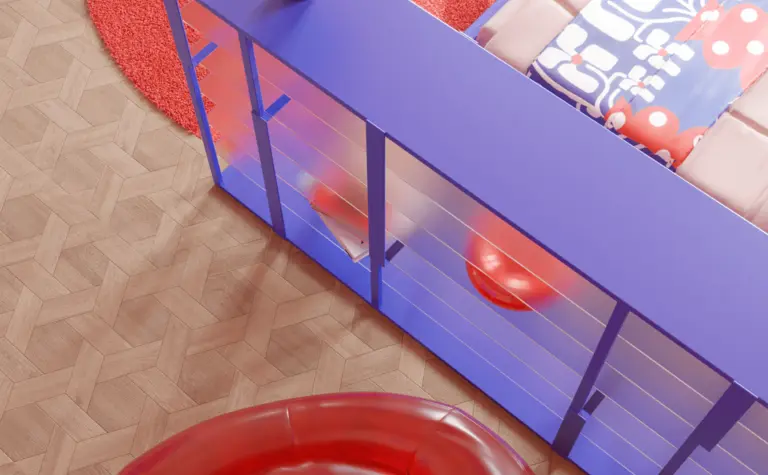 Wnętrze pokoju z czerwoną sofą, niebieskimi meblami i turkusowym dywanem w stylu dopamine decor.