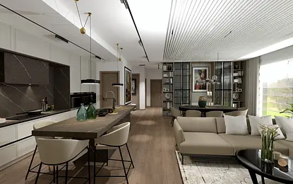 Wnętrze kuchni z tradycyjnym i współczesnym designem, jasne meble.