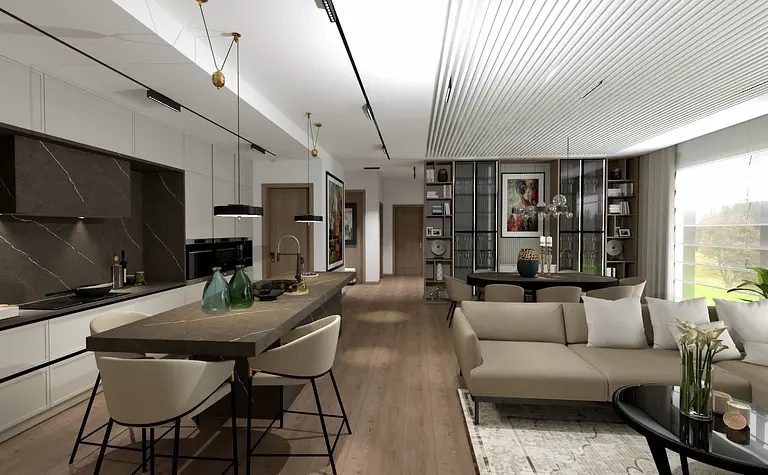 Wnętrze kuchni z tradycyjnym i współczesnym designem, jasne meble.