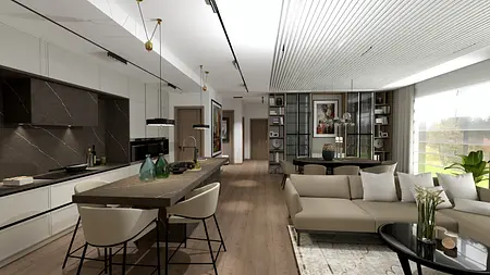 Wnętrze kuchni z tradycyjnym i współczesnym designem, jasne meble.