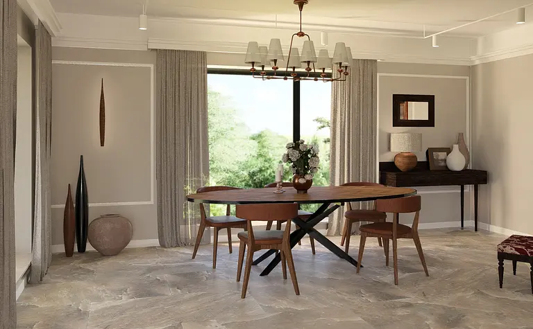 Eklektyczna jadalnia z drewnianym stołem, szarymi zasłonami i nowoczesnymi akcentami.