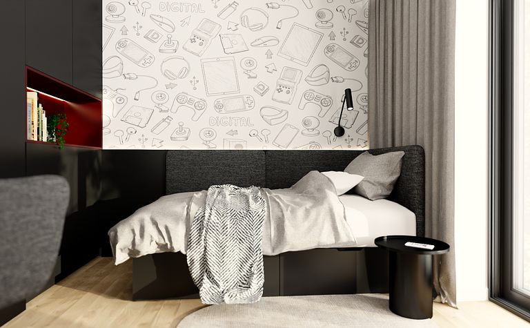 Wnętrze pokoju z szarym łóżkiem, minimalistyczne i skandynawskie dodatki.