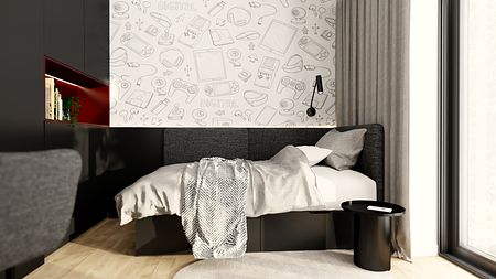 Wnętrze pokoju z szarym łóżkiem, minimalistyczne i skandynawskie dodatki.