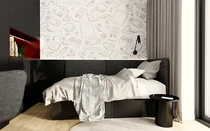 Wnętrze pokoju z szarym łóżkiem, minimalistyczne i skandynawskie dodatki.