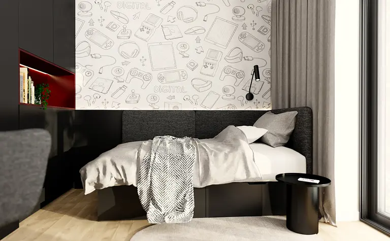 Wnętrze pokoju z szarym łóżkiem, minimalistyczne i skandynawskie dodatki.