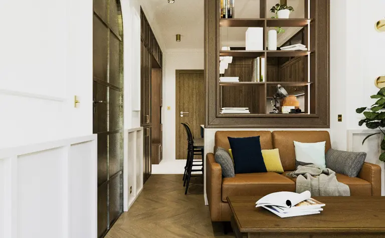 Wnętrze salonu z brązową sofą, białymi ścianami i roślinami, styl art deco, vintage, minimalistyczny.