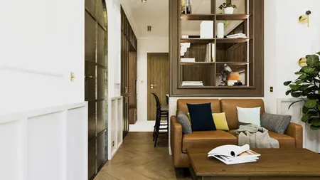 Wnętrze salonu z brązową sofą, białymi ścianami i roślinami, styl art deco, vintage, minimalistyczny.