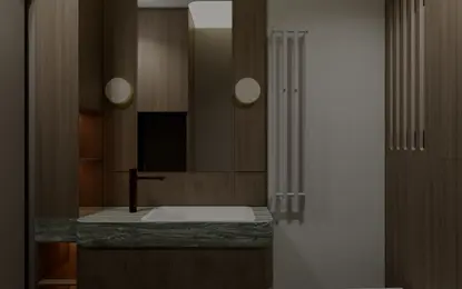 Nowoczesna łazienka w stylu soft minimalizm z drewnem i zielonym blatem.