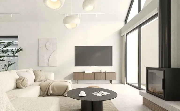 Wnętrze salonu w stylu japandi, minimalistycznym i współczesnym z jasnymi meblami.