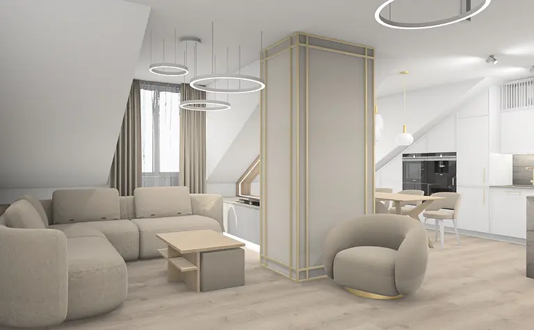 Wnętrze salonu glamour z jasnymi meblami i drewnianą podłogą.