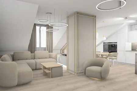 Wnętrze salonu glamour z jasnymi meblami i drewnianą podłogą.