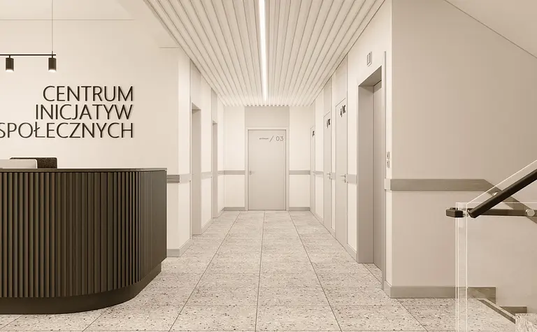 Recepcja w minimalistycznym wnętrzu z nowoczesnym biurkiem i oświetleniem, styl soft minimalizm.
