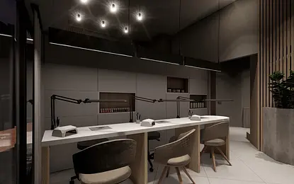 Biuro w stylu boho, japandi i minimalistycznym z jasnym biurkiem.