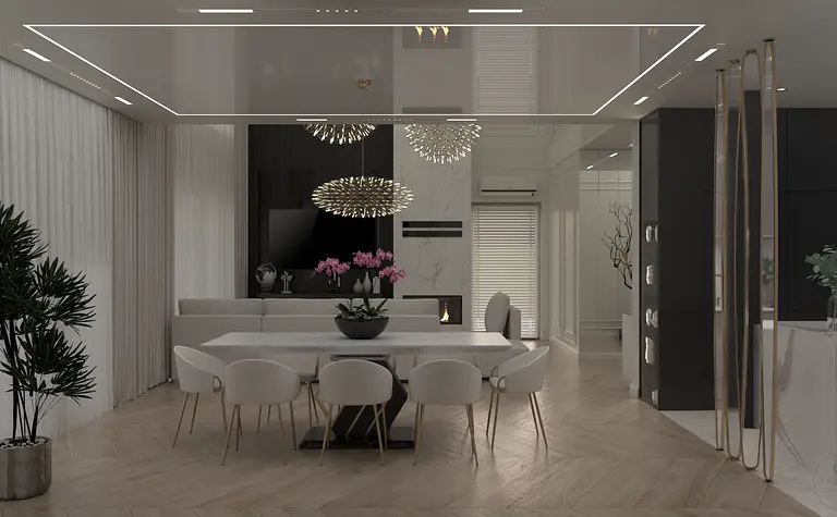 Wnętrze jadalni z białym stołem, eleganckimi krzesłami i nowoczesnymi lampami.