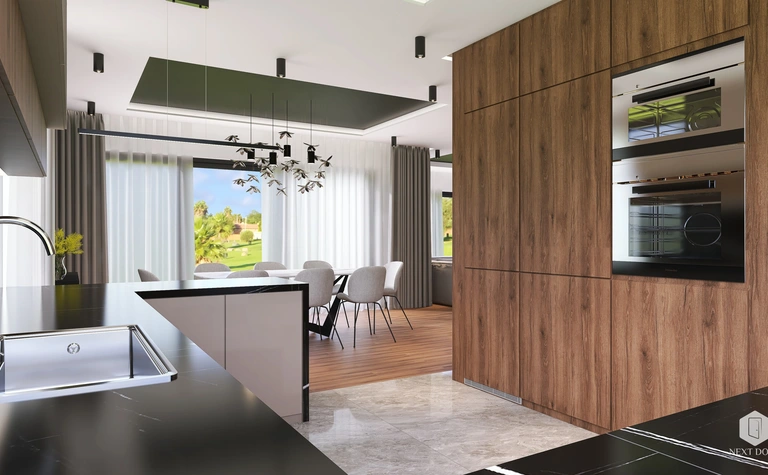 Nowoczesna kuchnia z drewnianymi meblami i dużym oknem, styl quiet luxury