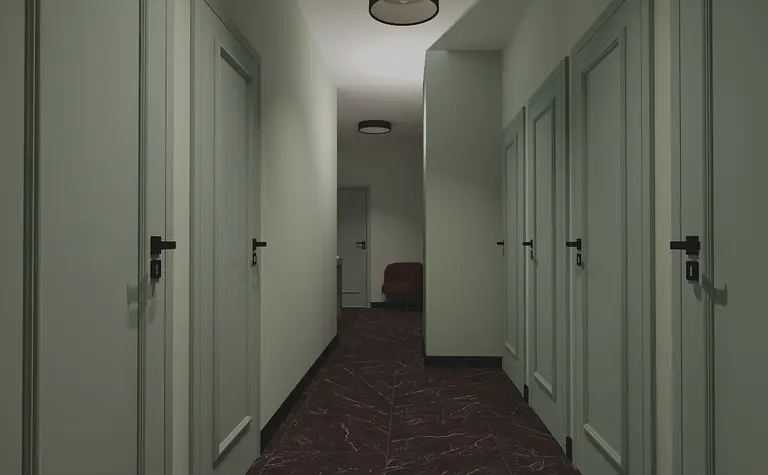 Przedpokój w stylu eklektycznym z zielonymi ścianami i ciemną podłogą.