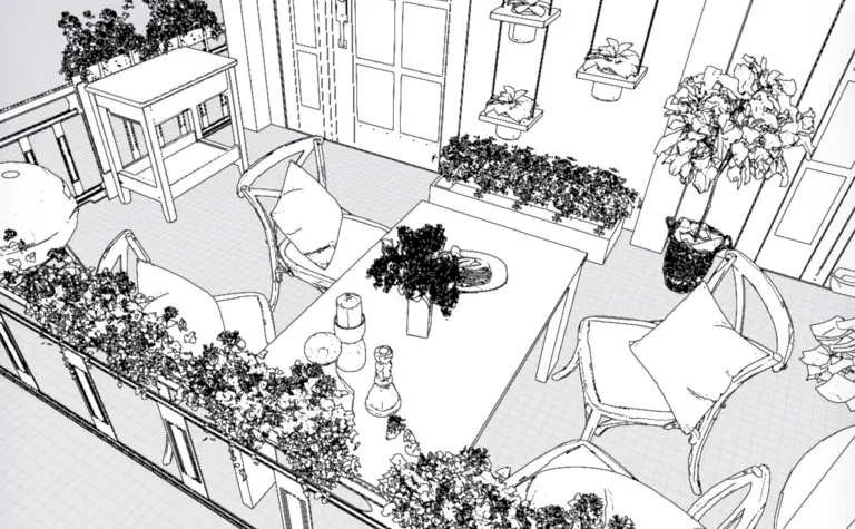 Balkon w stylu rustykalnym z roślinami i drewnianym stołem