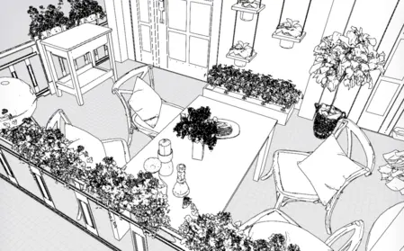 Balkon w stylu rustykalnym z roślinami i drewnianym stołem