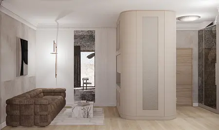 Wnętrze salonu w stylu art deco z brązową sofą i nowoczesnym oświetleniem.