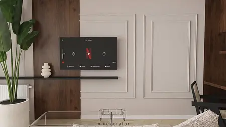 Wnętrze salonu z minimalistycznym telewizorem, drewnianymi akcentami i roślinami.