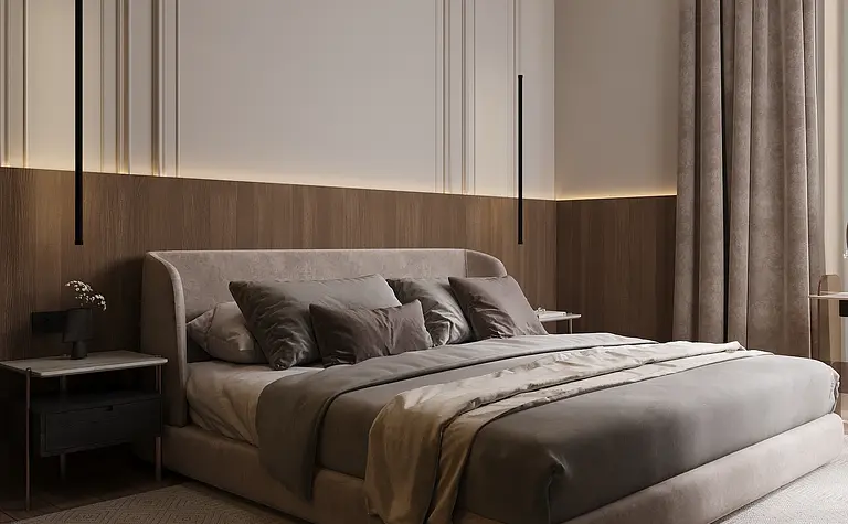 Wnętrze sypialni w stylu art deco i minimalistycznym z szarym łóżkiem i drewnianymi detalami.