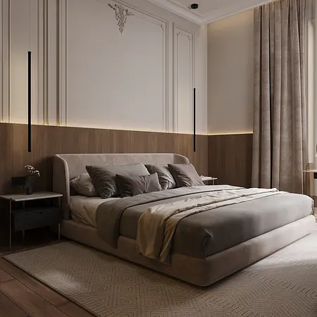 Wnętrze sypialni w stylu art deco i minimalistycznym z szarym łóżkiem i drewnianymi detalami.