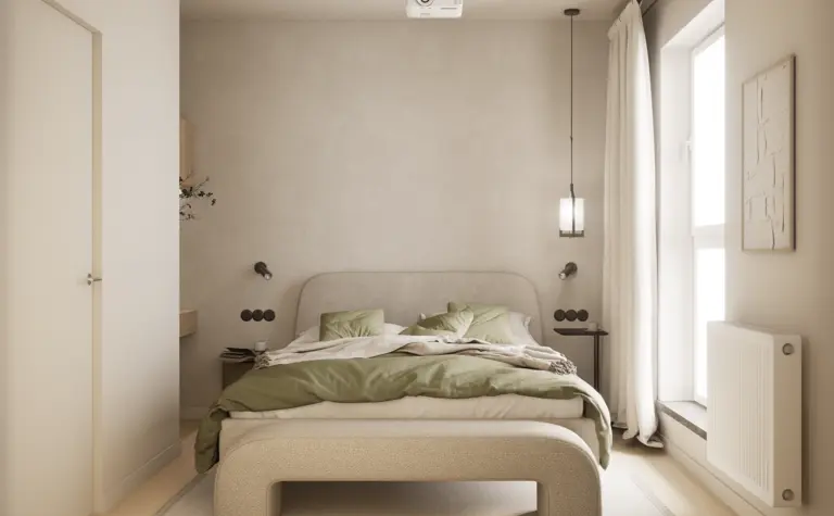 Wnętrze sypialni w stylu dopamine decor, japandi, minimalistycznym, soft minimalizm z zielonymi detalami.