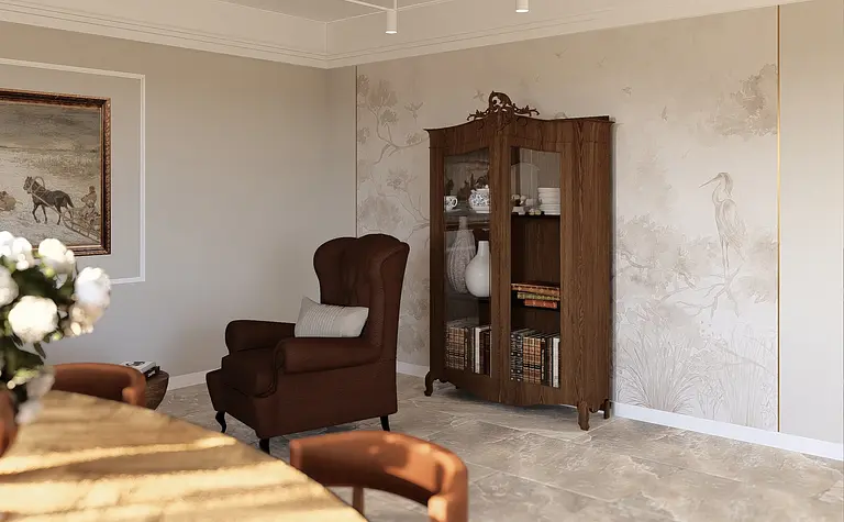Eklektyczne wnętrze z brązowym fotelem i drewnianą witryną
