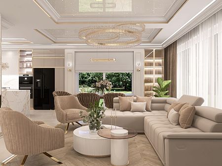 Wnętrze salonu w stylu glamour, nowoczesnym i quiet luxury z beżowymi meblami.