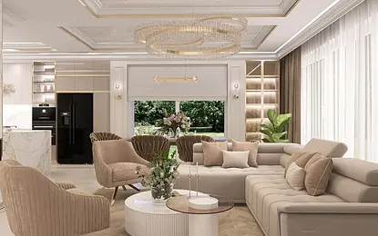 Wnętrze salonu w stylu glamour, nowoczesnym i quiet luxury z beżowymi meblami.