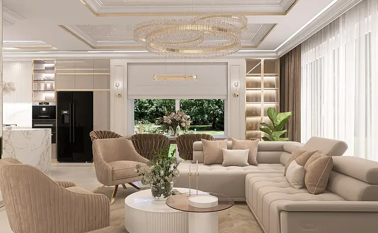 Wnętrze salonu w stylu glamour, nowoczesnym i quiet luxury z beżowymi meblami.