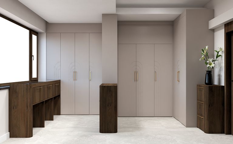 Wnętrze garderoby z szarymi ścianami i drewnianymi meblami, współczesny design.