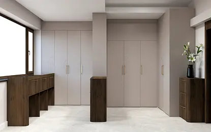 Wnętrze garderoby z szarymi ścianami i drewnianymi meblami, współczesny design.