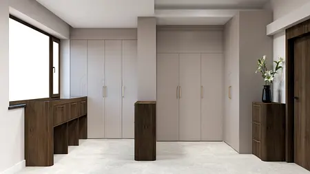 Wnętrze garderoby z szarymi ścianami i drewnianymi meblami, współczesny design.