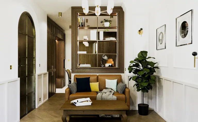 Wnętrze salonu w stylu art deco z brązową sofą i rośliną.